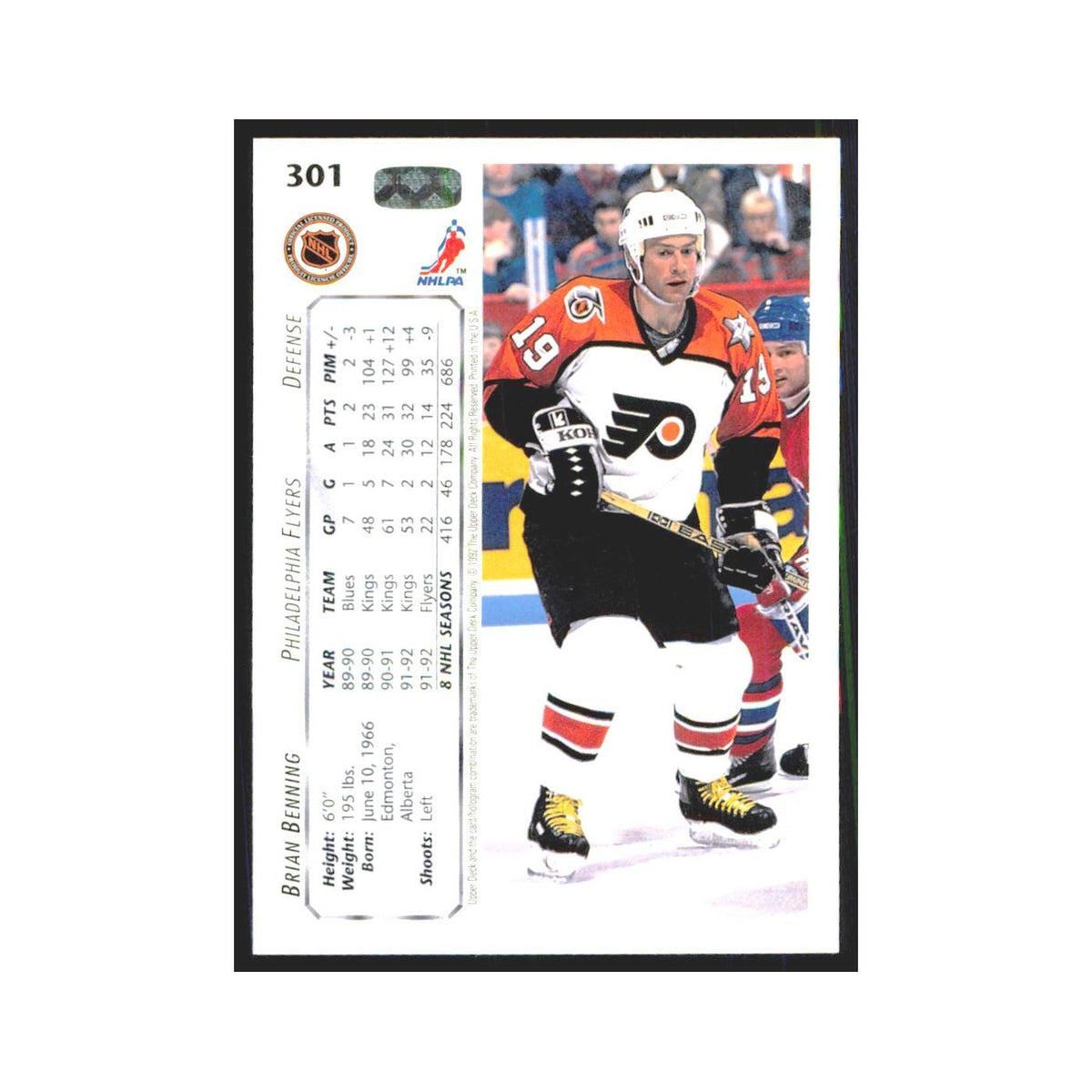 Brian Benning 1992 Upper Deck #301 Philadelphia Flyers Hockey Card NM