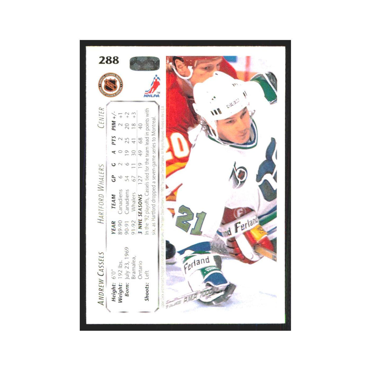 Andrew Cassels 1992 Upper Deck #288 Hartford Whalers Hockey Card NM