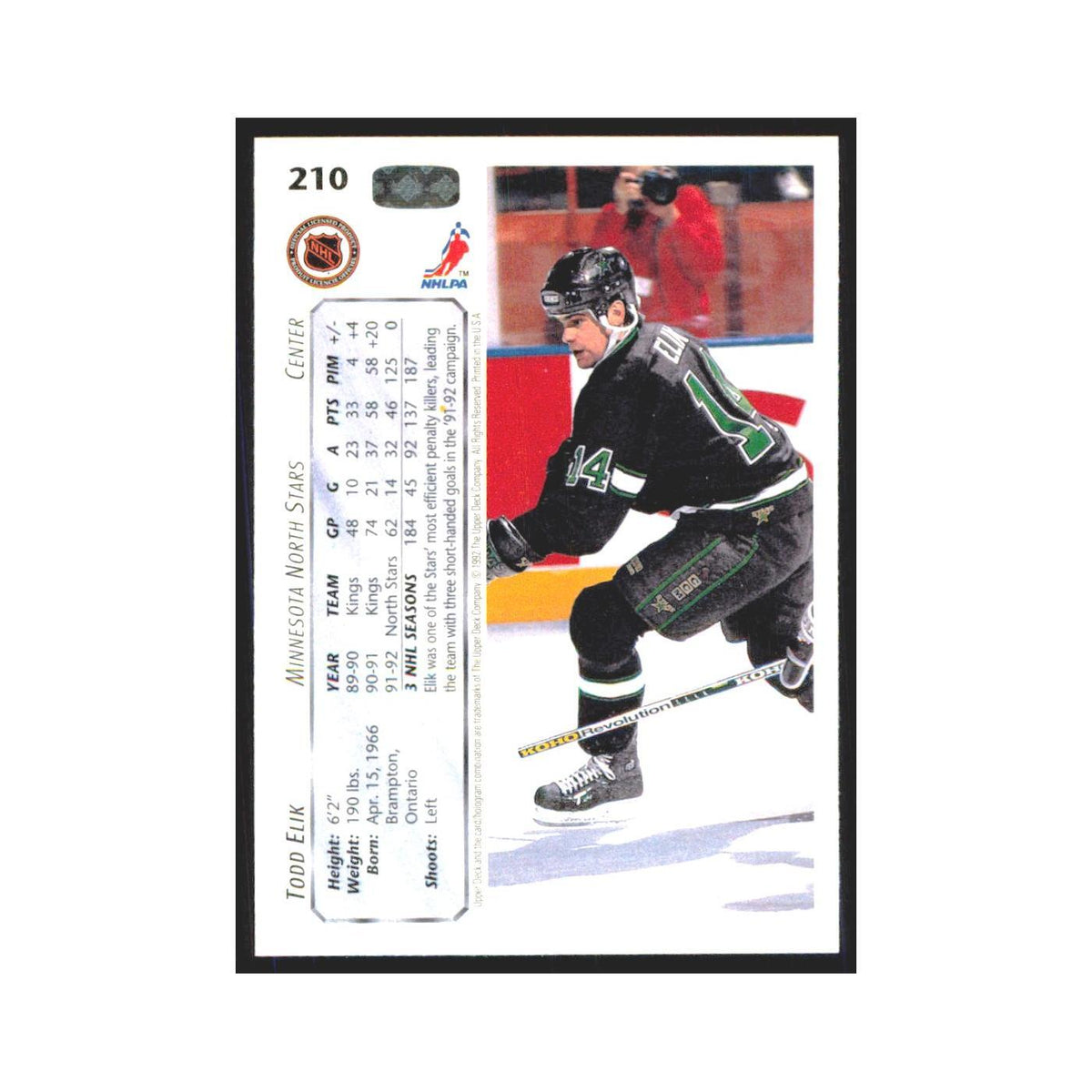 Todd Elik 1992 Upper Deck #210 Minnesota North Stars Hockey Card NM