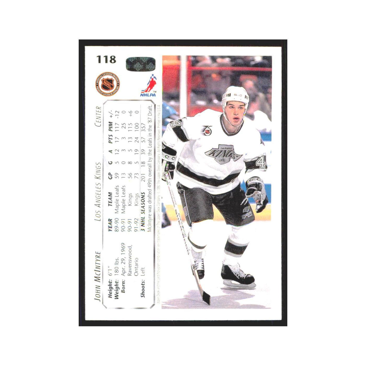 John McIntyre 1992 Upper Deck #118 Los Angeles Kings Hockey Card NM