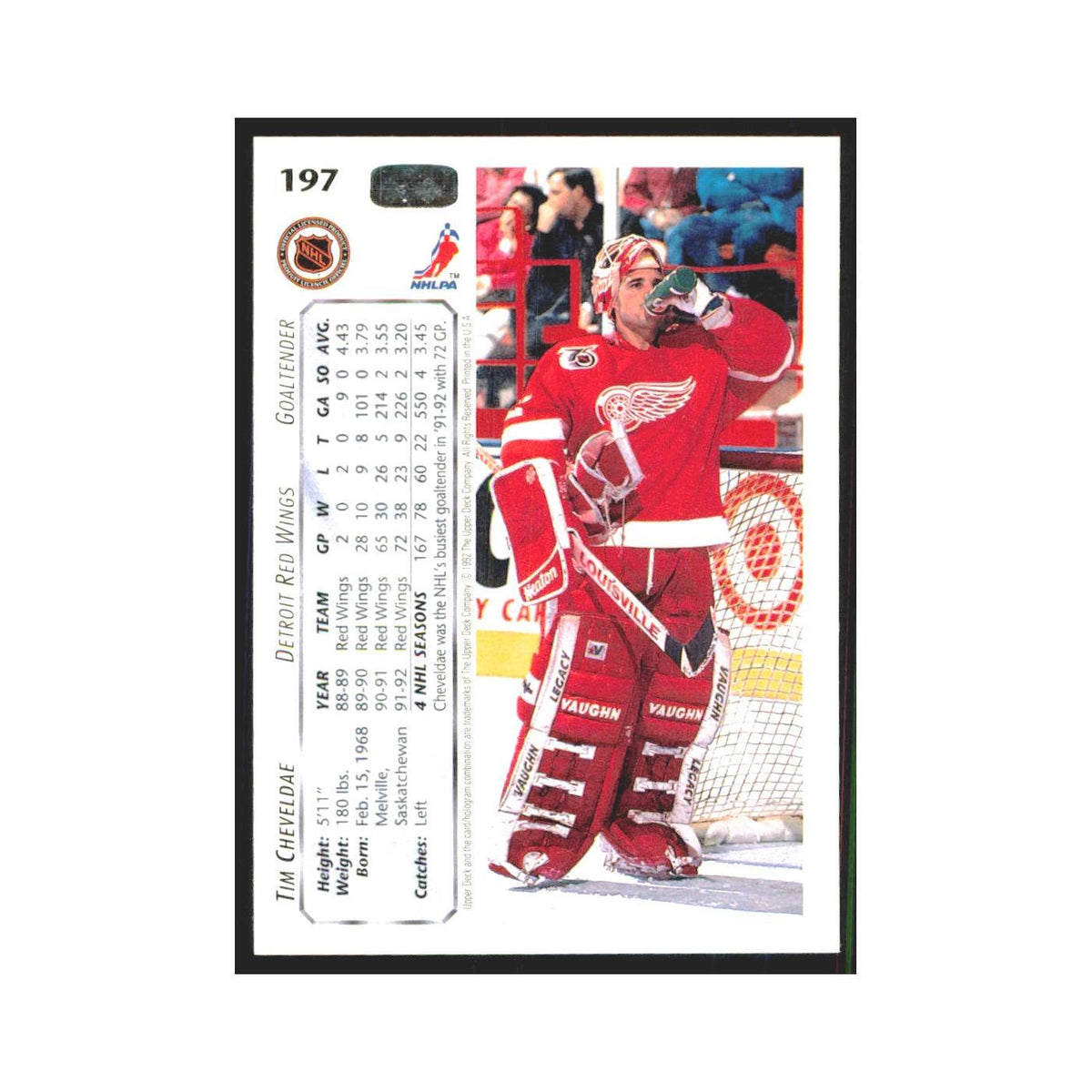 Tim Cheveldae 1992 Upper Deck #197 Detroit Red Wings Hockey Card NM