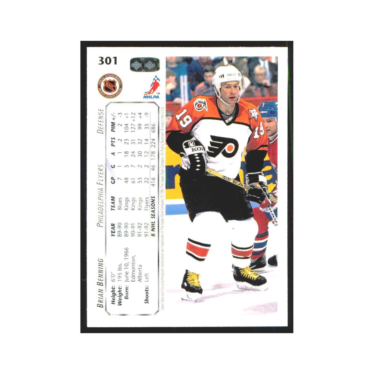 Brian Benning 1992 Upper Deck #301 Philadelphia Flyers Hockey Card NM