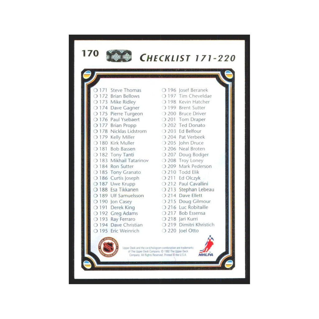 Checklist 111-220 1992 Upper Deck #170 Hockey Card NM