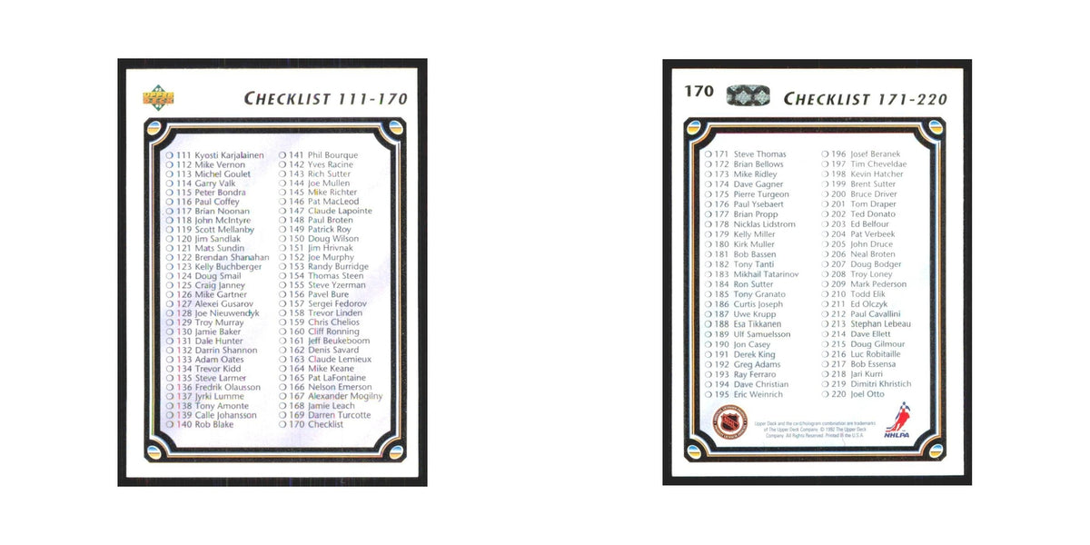 Checklist 111-220 1992 Upper Deck #170 Hockey Card NM