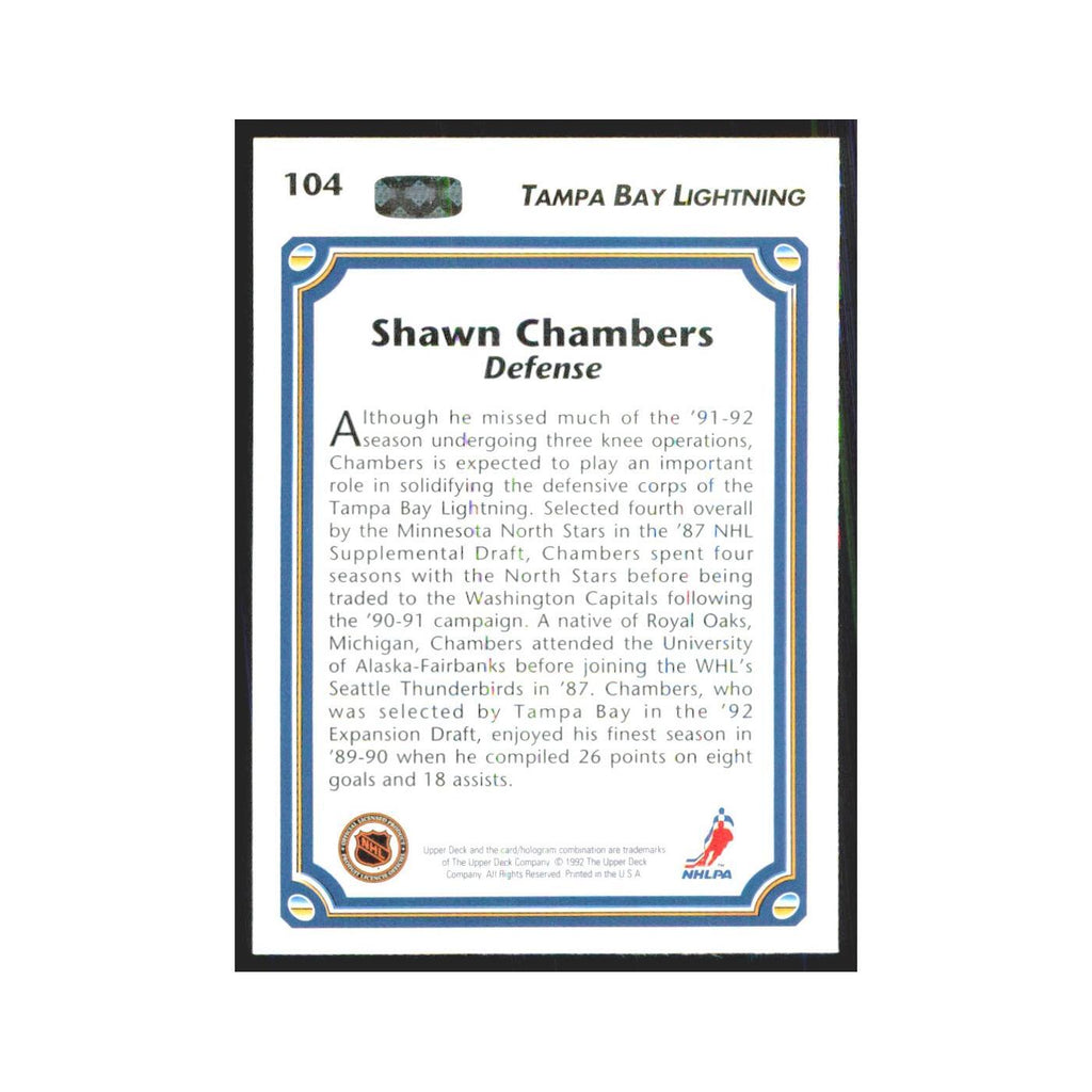 Shawn Chambers 1992 Upper Deck #104 Tampa Bay Lightning Hockey Card NM