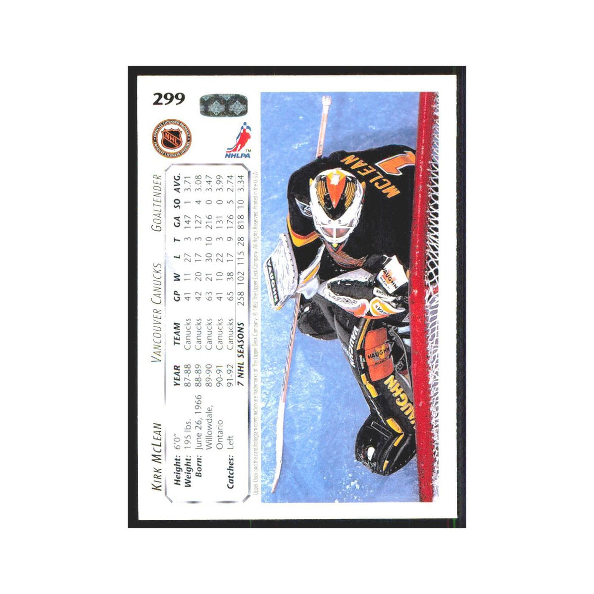 Kirk McLean 1992 Upper Deck #299 Vancouver Canucks Hockey Card NM
