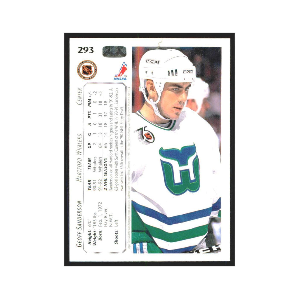 Geoff Sanderson 1992 Upper Deck #293 Hartford Whalers Hockey Card NM