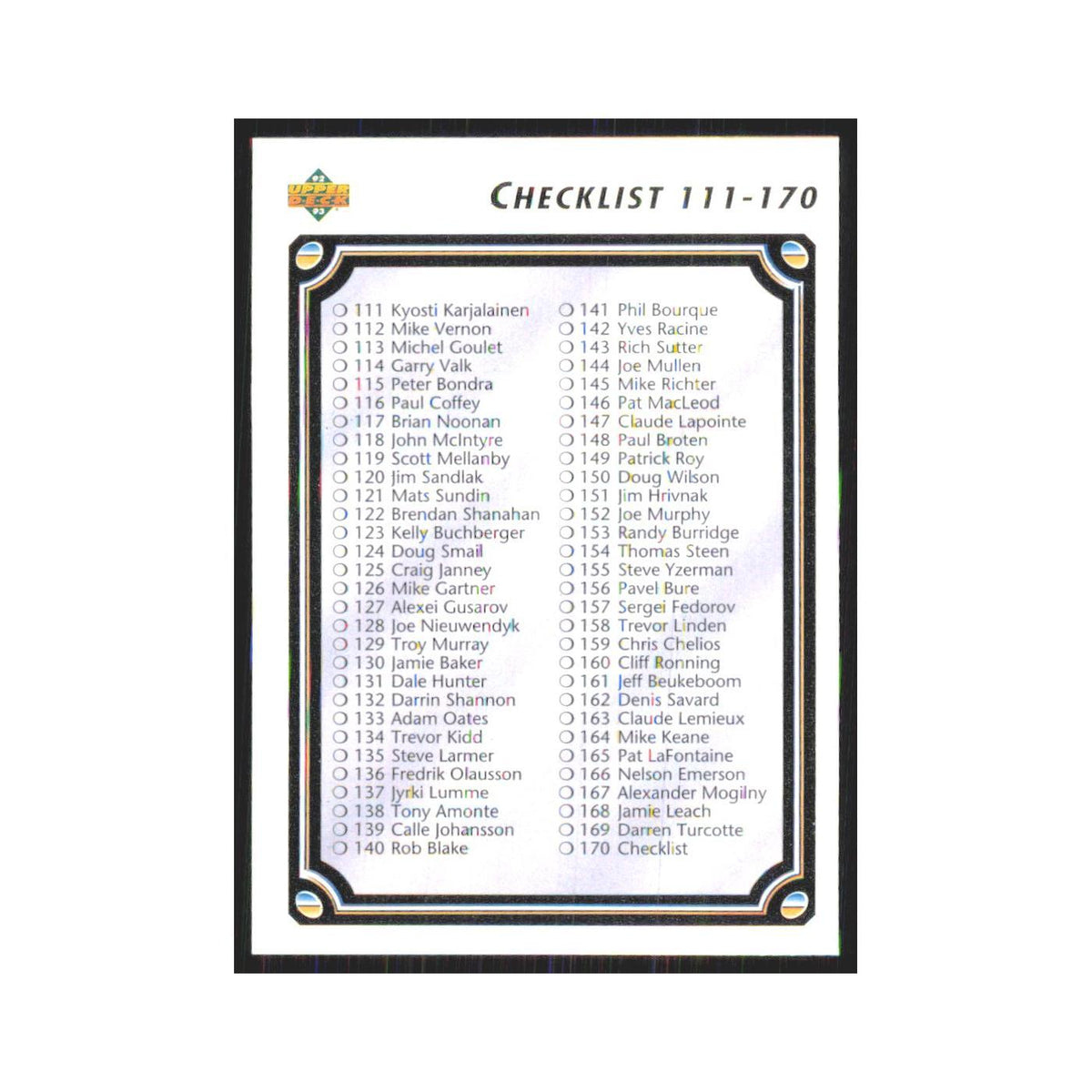 Checklist 111-220 1992 Upper Deck #170 Hockey Card NM