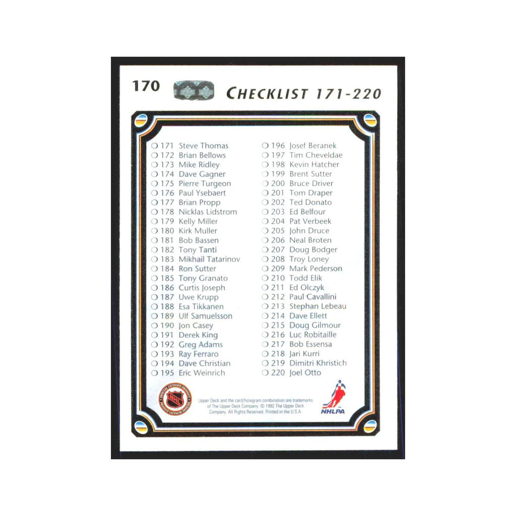 Checklist 111-220 1992 Upper Deck #170 Hockey Card NM