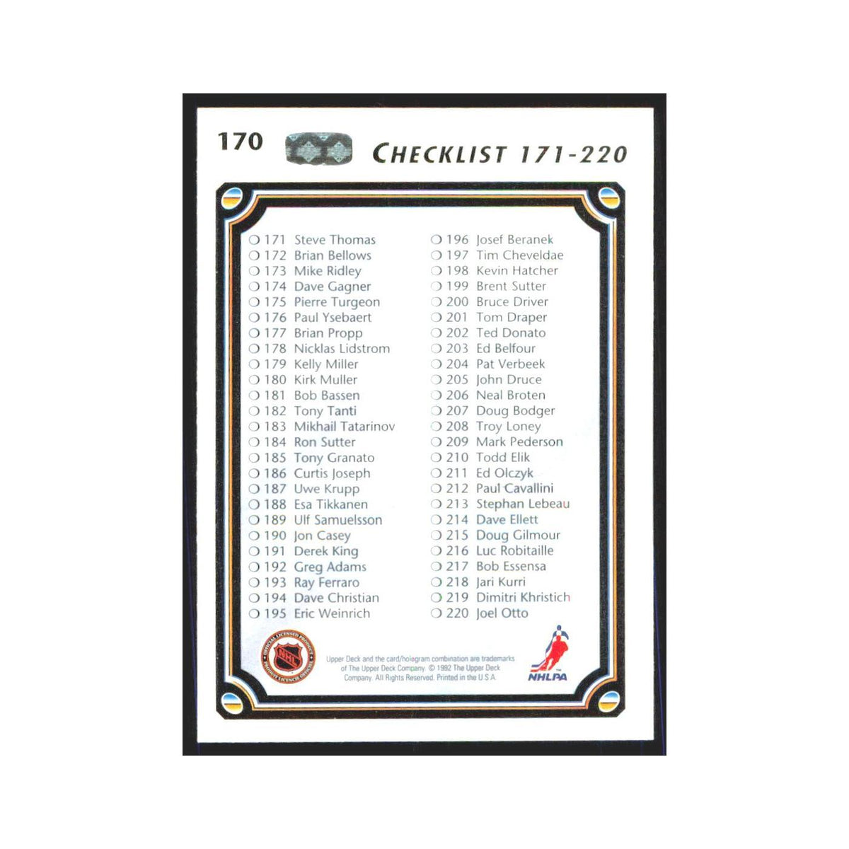 Checklist 111-220 1992 Upper Deck #170 Hockey Card NM
