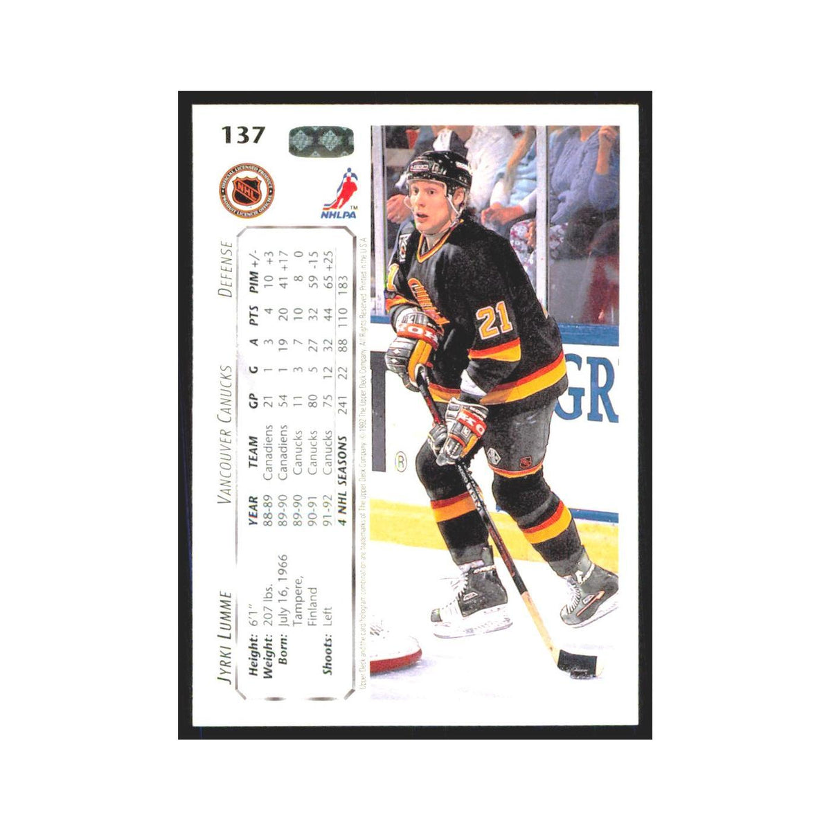Jyrki Lumme 1992 Upper Deck #137 Vancouver Canucks Hockey Card NM