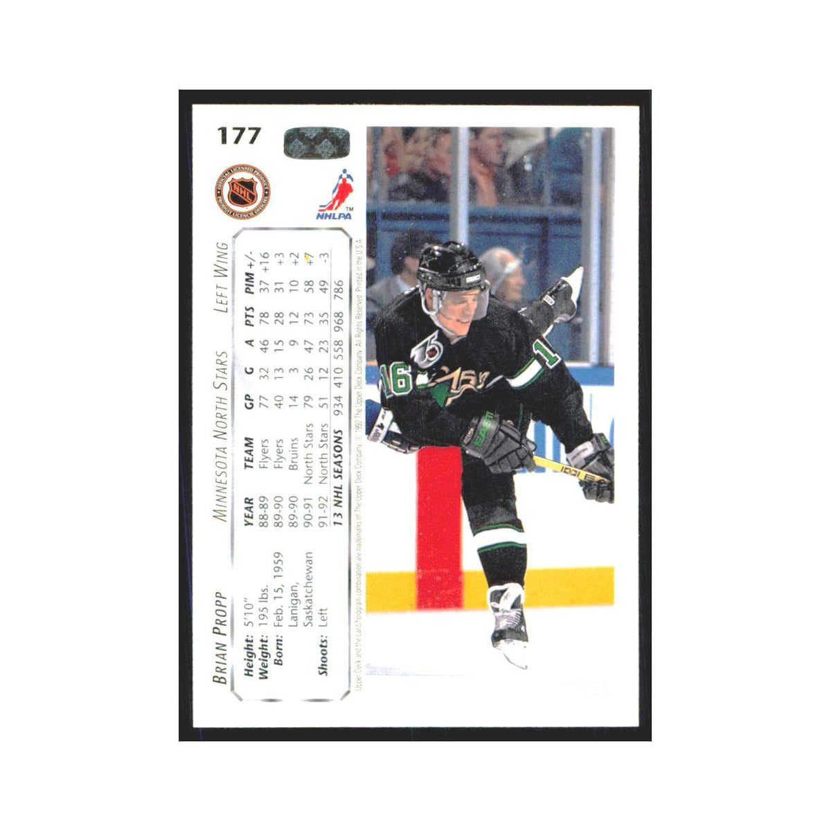 Brian Propp 1992 Upper Deck #177 Minnesota North Stars Hockey Card NM