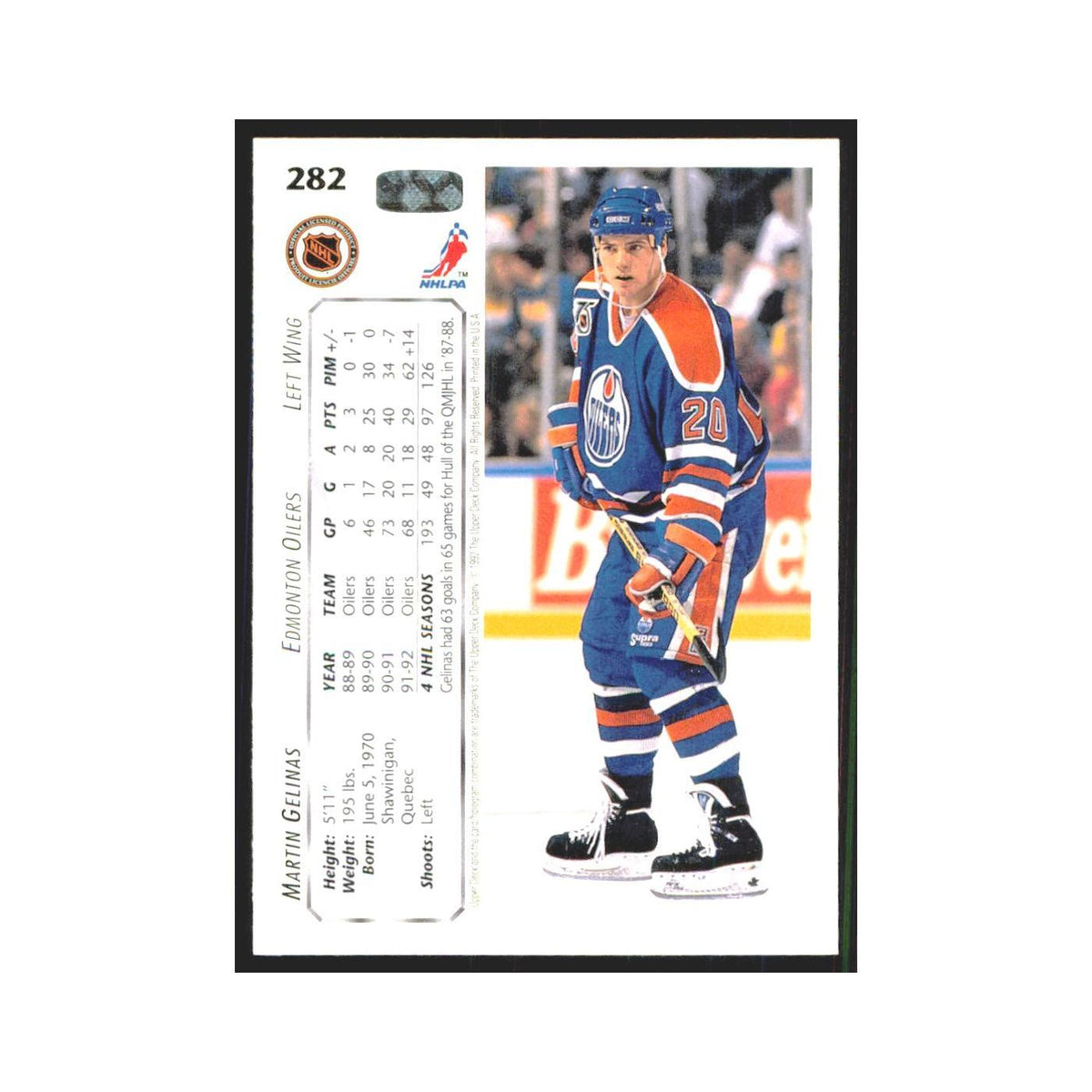 Martin Gelinas 1992 Upper Deck #282 Edmonton Oilers Hockey Card NM
