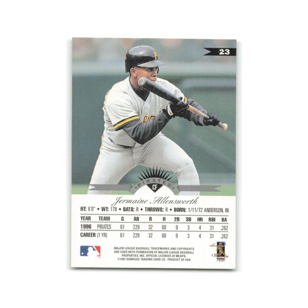 Jermaine Allensworth 1997 Leaf #23 Pittsburgh Pirates Baseball Card NM