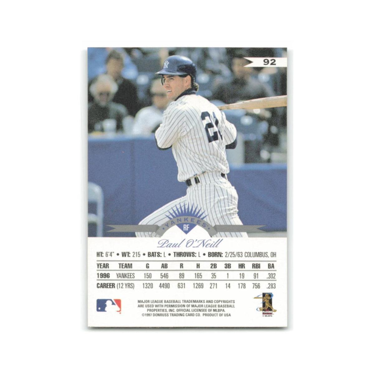 Paul O'Neill 1997 Leaf #92 New York Yankees Baseball Card NM