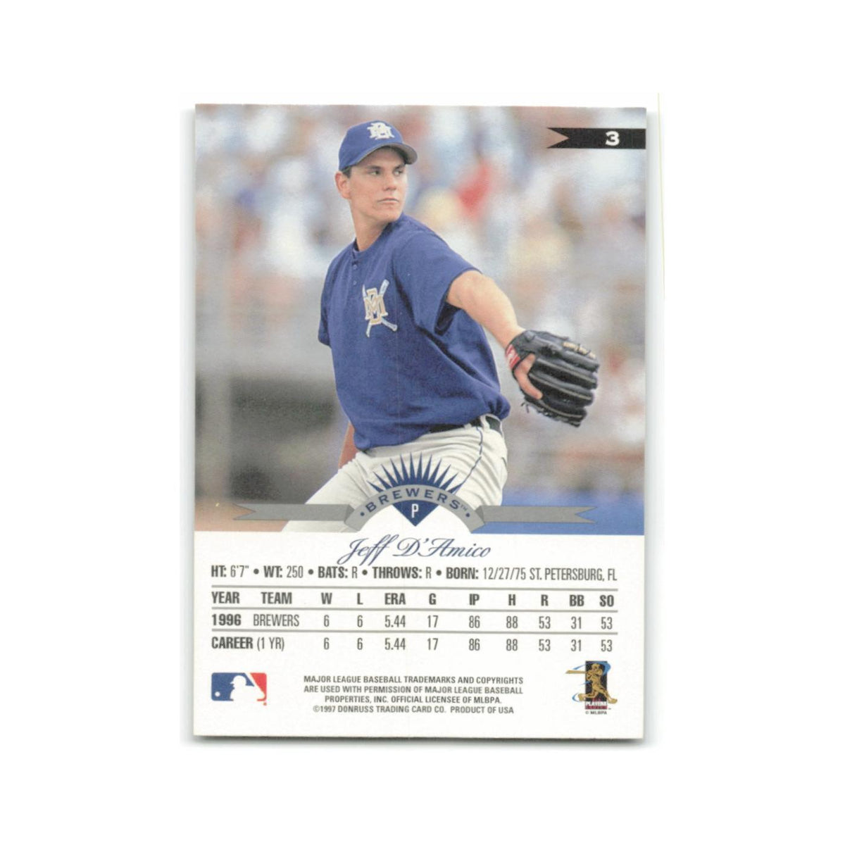 Jeff D'Amico 1997 Leaf #3 Milwaukee Brewers Baseball Card NM