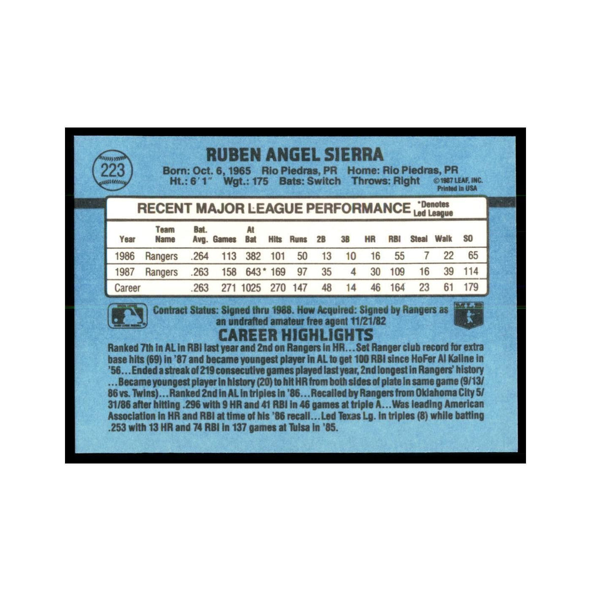 1988 Donruss Ruben Sierra Baseball Cards #223