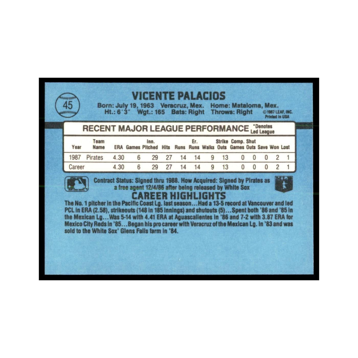 1988 Donruss Vicente Palacios RC Baseball Cards #45