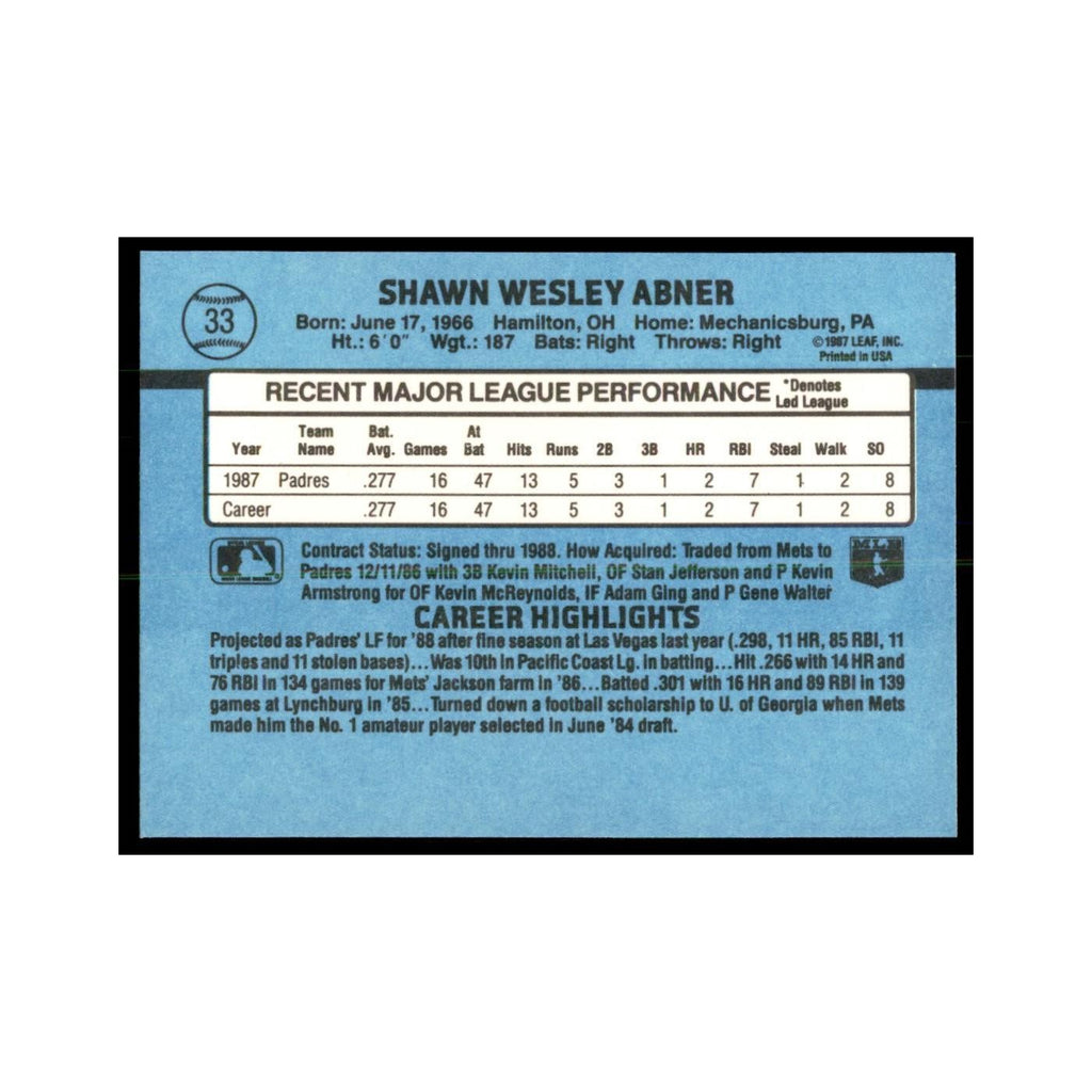1988 Donruss Shawn Abner RC Baseball Cards #33