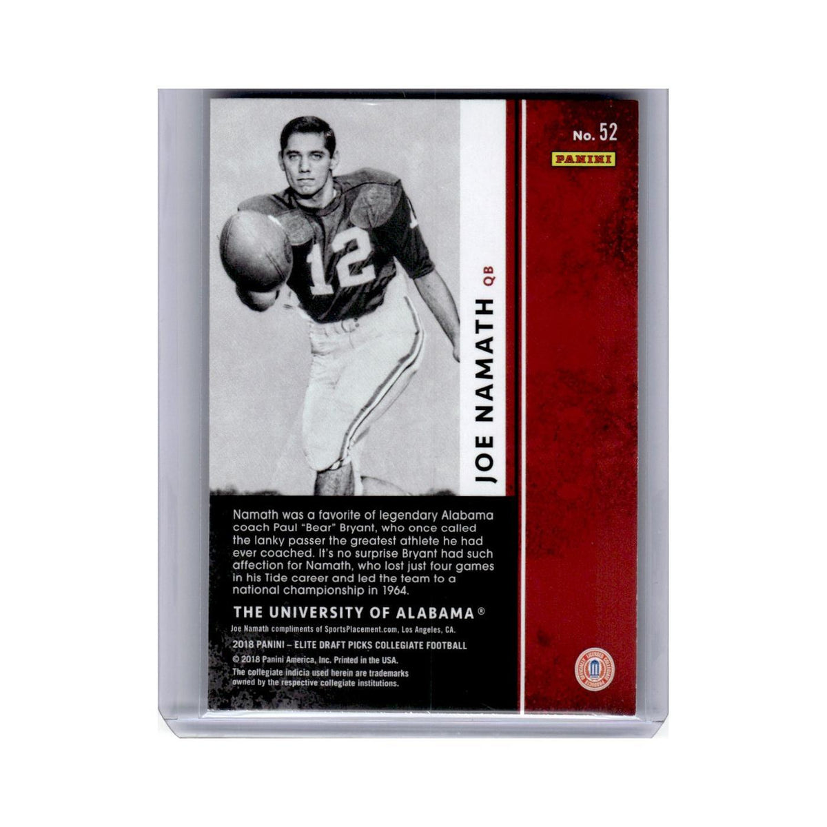Joe Namath 2018 Panini Elite #52 Alabama Crimson Tide Football Card NM