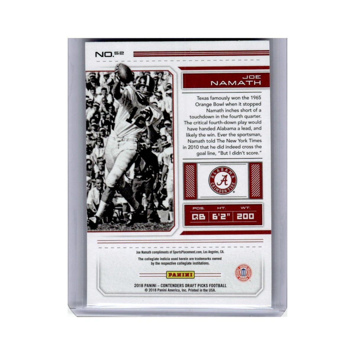 Joe Namath 2018 Panini Contenders Draft Picks #52 Alabama Crimson Tide NM