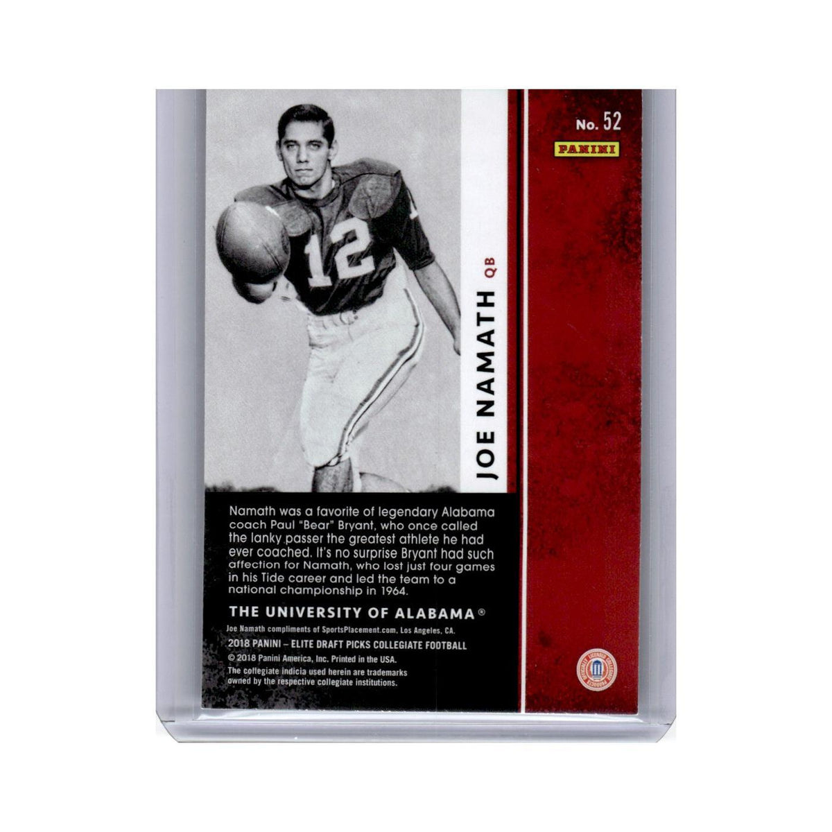 Joe Namath 2018 Panini Elite #52 Alabama Crimson Tide Football Card NM