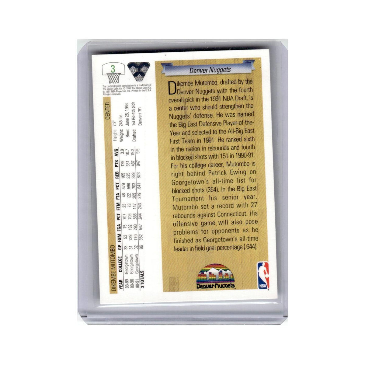 Dikembe Mutombo Rookie 1991 Upper Deck #3 Basketball Card NM