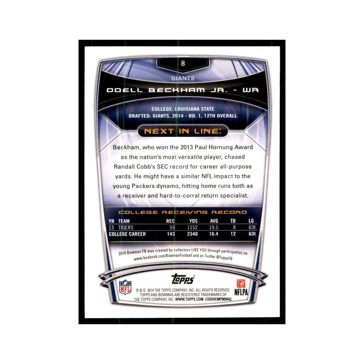 2014 Bowman Odell Beckham Jr. RC Football Cards #8
