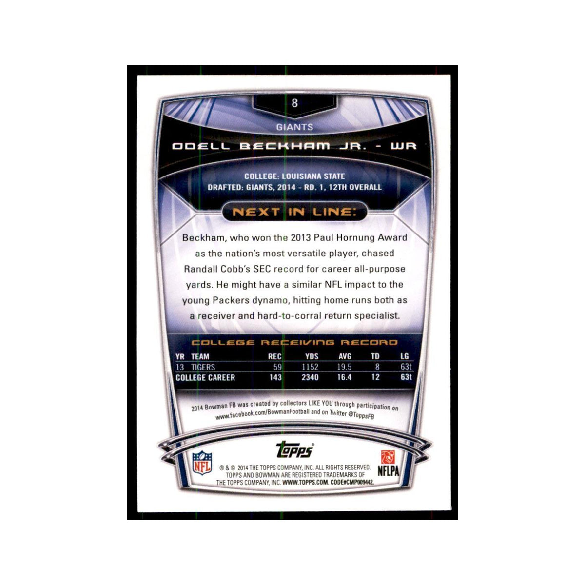 2014 Bowman Odell Beckham Jr. RC Football Cards #8