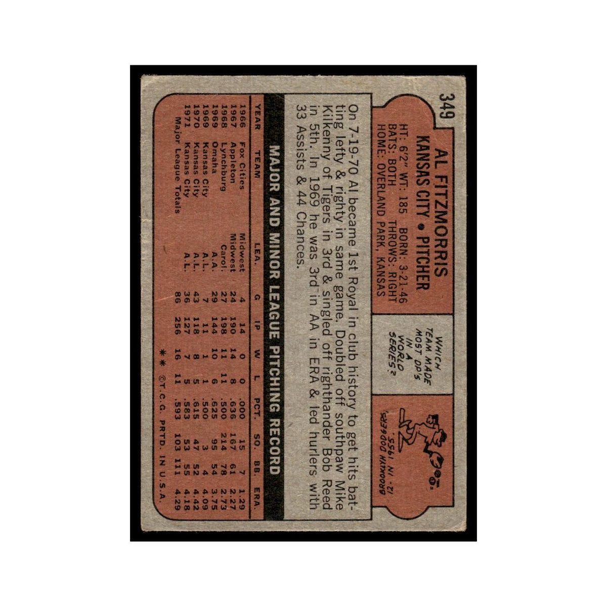 1972 Topps (Damaged) Al Fitzmorris Royals #349