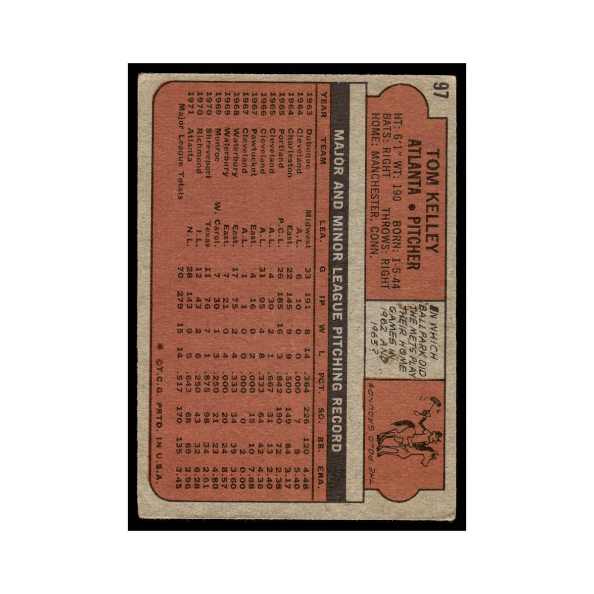 1972 Topps (Damaged) Tom Kelley Braves #97