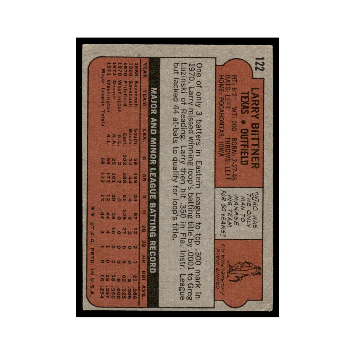 1972 Topps (Damaged) Larry Biittner Rangers #122