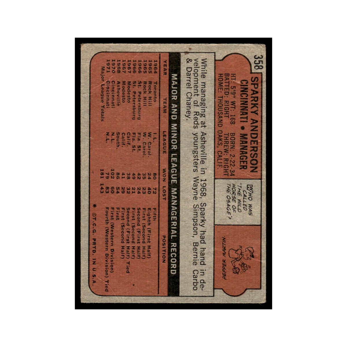 1972 Topps (Damaged) Sparky Anderson Reds #358
