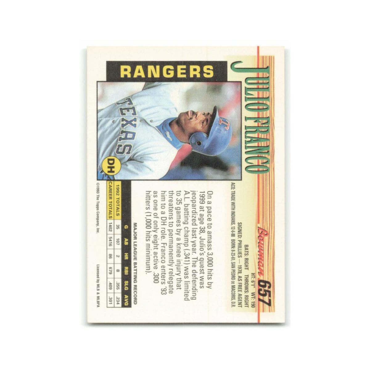 Julio Franco 1993 Bowman #657 Texas Rangers Baseball Card NM