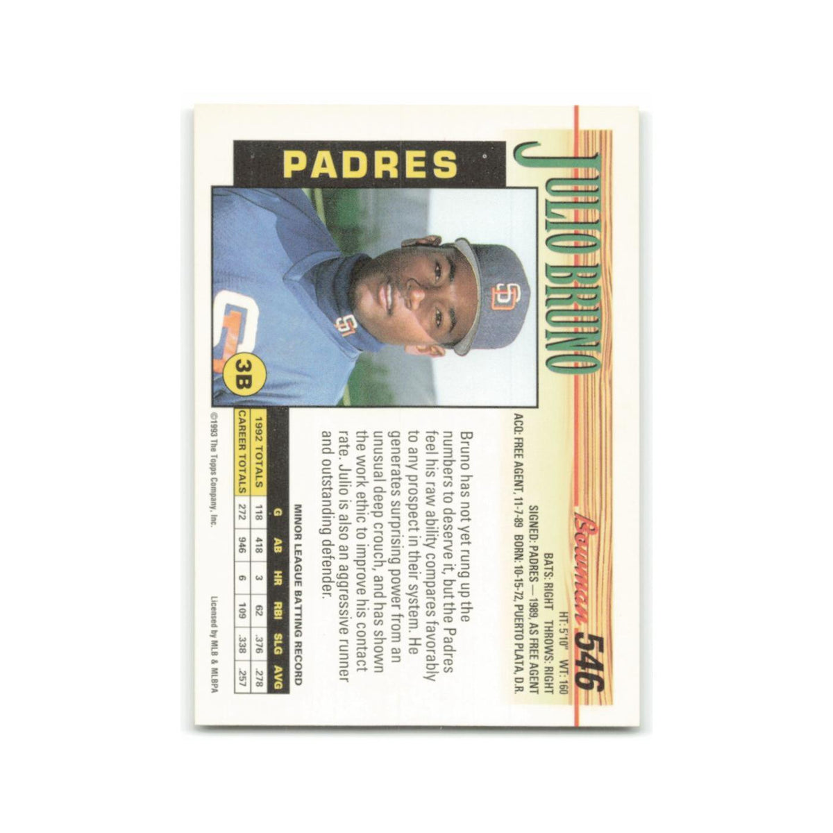 Julio Bruno Rookie 1993 Bowman #546 San Diego Padres Baseball Card NM