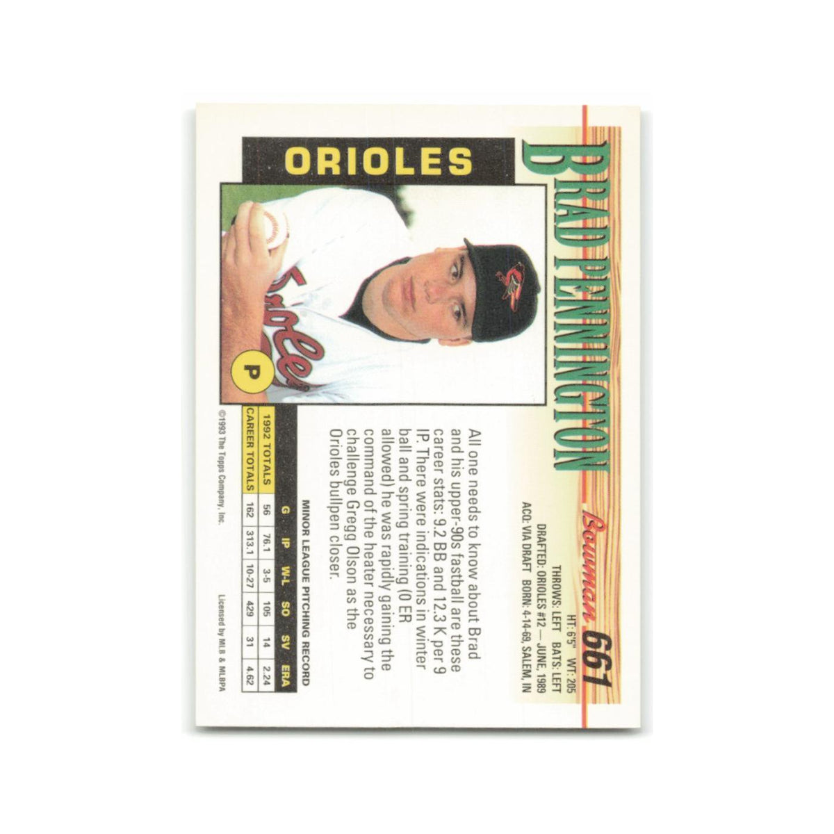 Brad Pennington 1993 Bowman #661 Baltimore Orioles Baseball Card NM
