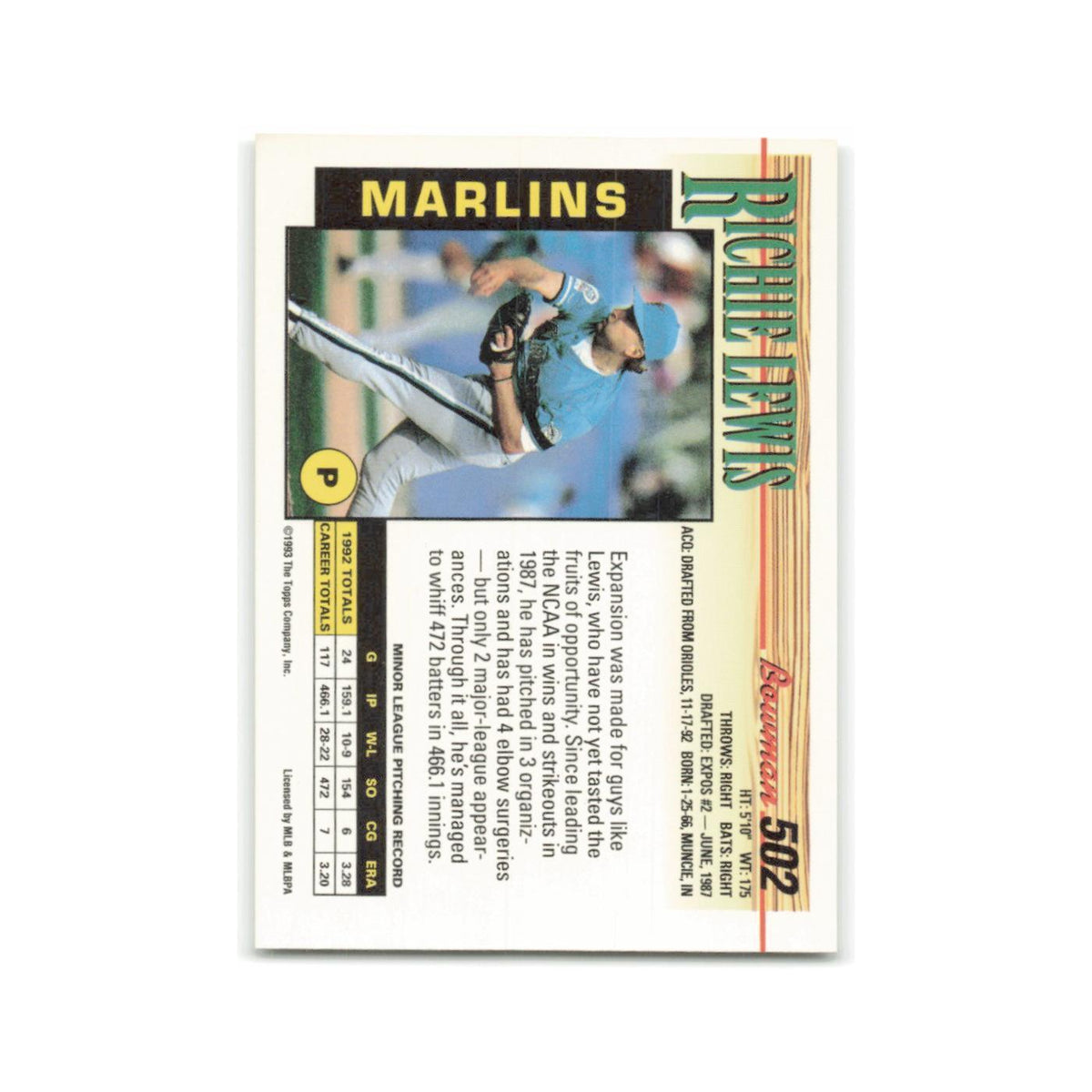 Richie Lewis Rookie 1993 Bowman #502 Florida Marlins Baseball Card NM