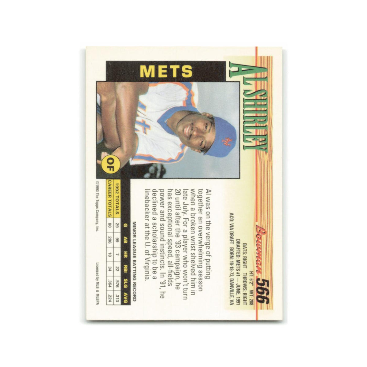 Al Shirley 1993 Bowman #566 New York Mets Baseball Card NM