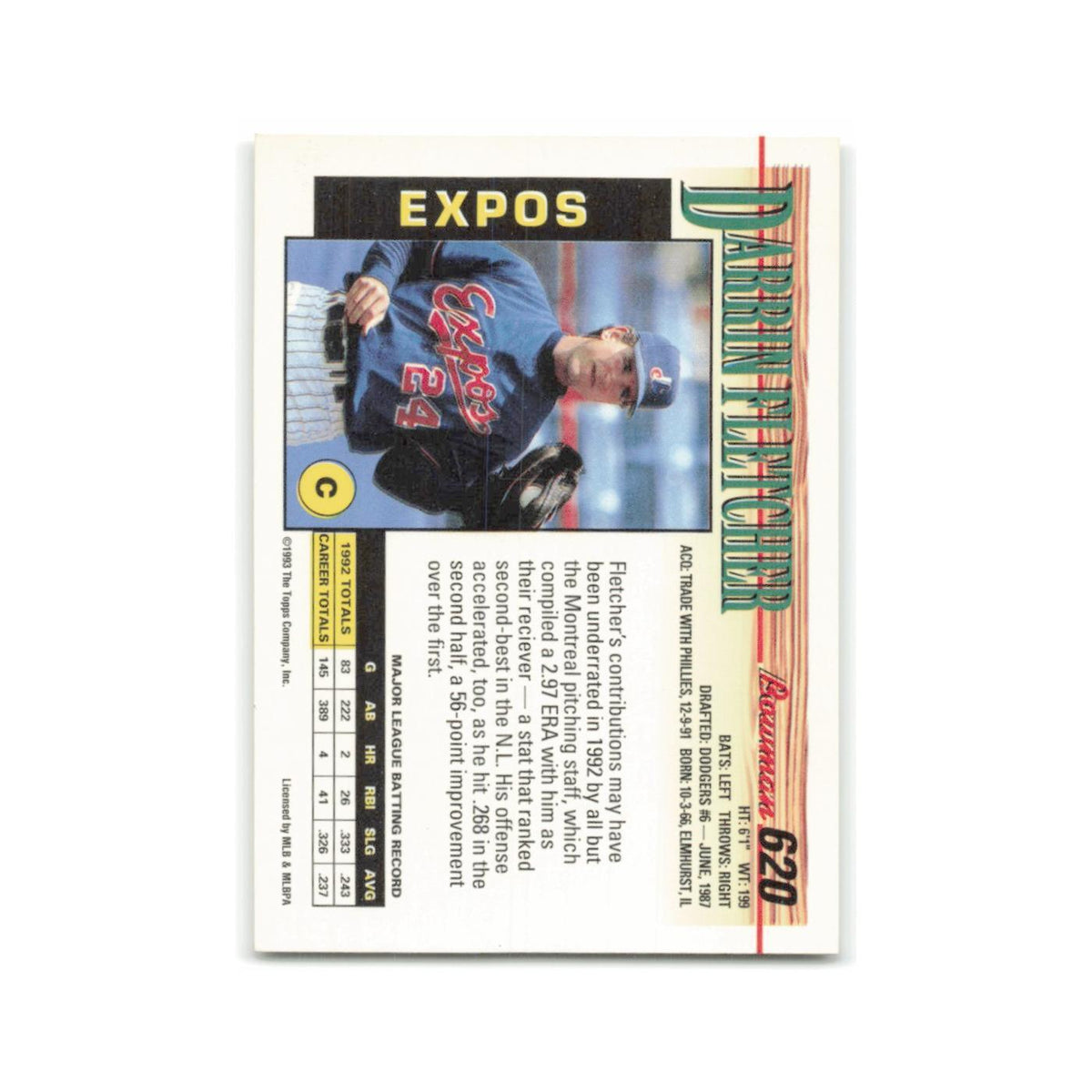 Darrin Fletcher 1993 Bowman #620 Montreal Expos Baseball Card NM