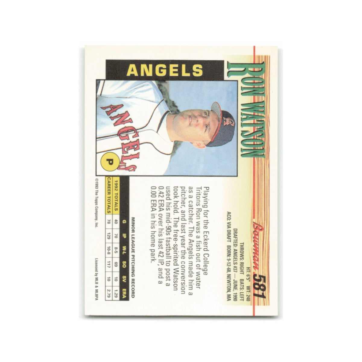 Ron Watson Rookie 1993 Bowman #581 California Angels Baseball Card NM