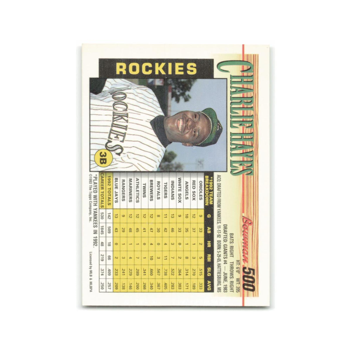Charlie Hayes 1993 Bowman #500 Colorado Rockies Baseball Card NM