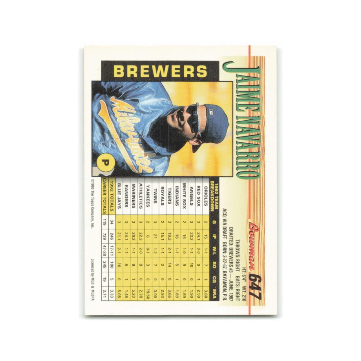 Jaime Navarro 1993 Bowman #647 Milwaukee Brewers Baseball Card NM