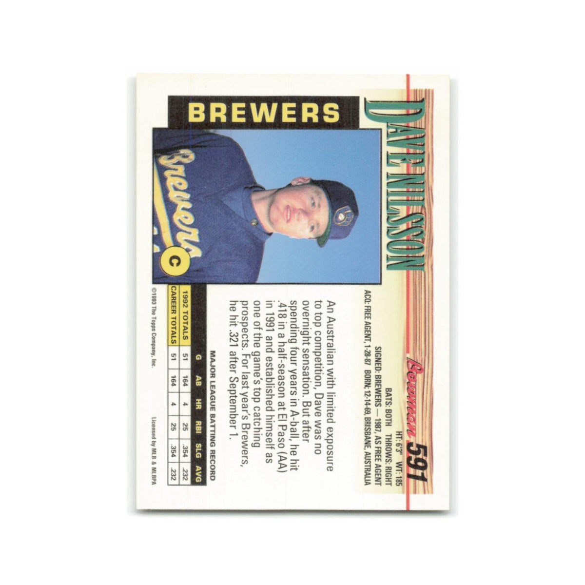 Dave Nilsson 1993 Bowman #591 Milwaukee Brewers Baseball Card NM