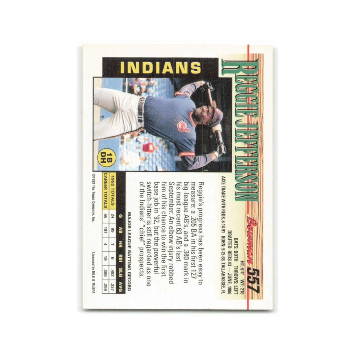Reggie Jefferson 1993 Bowman #557 Cleveland Indians Baseball Card NM