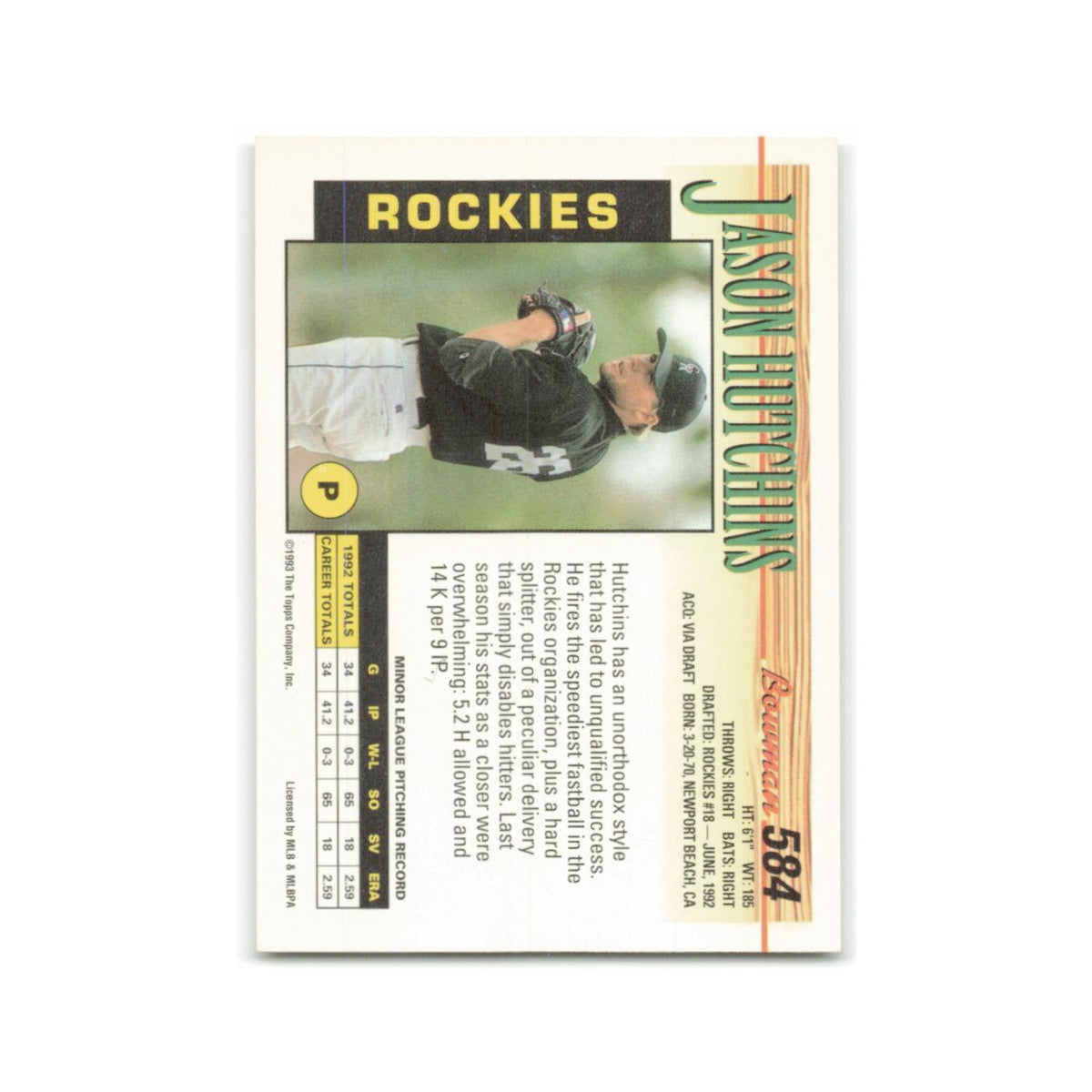 Jason Hutchins Rookie 1993 Bowman #584 Colorado Rockies Baseball Card NM