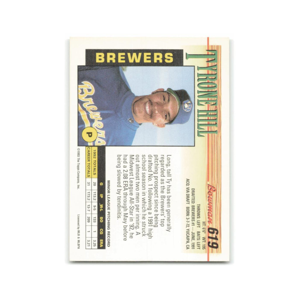 Tyrone Hill 1993 Bowman #619 Milwaukee Brewers Baseball Card NM
