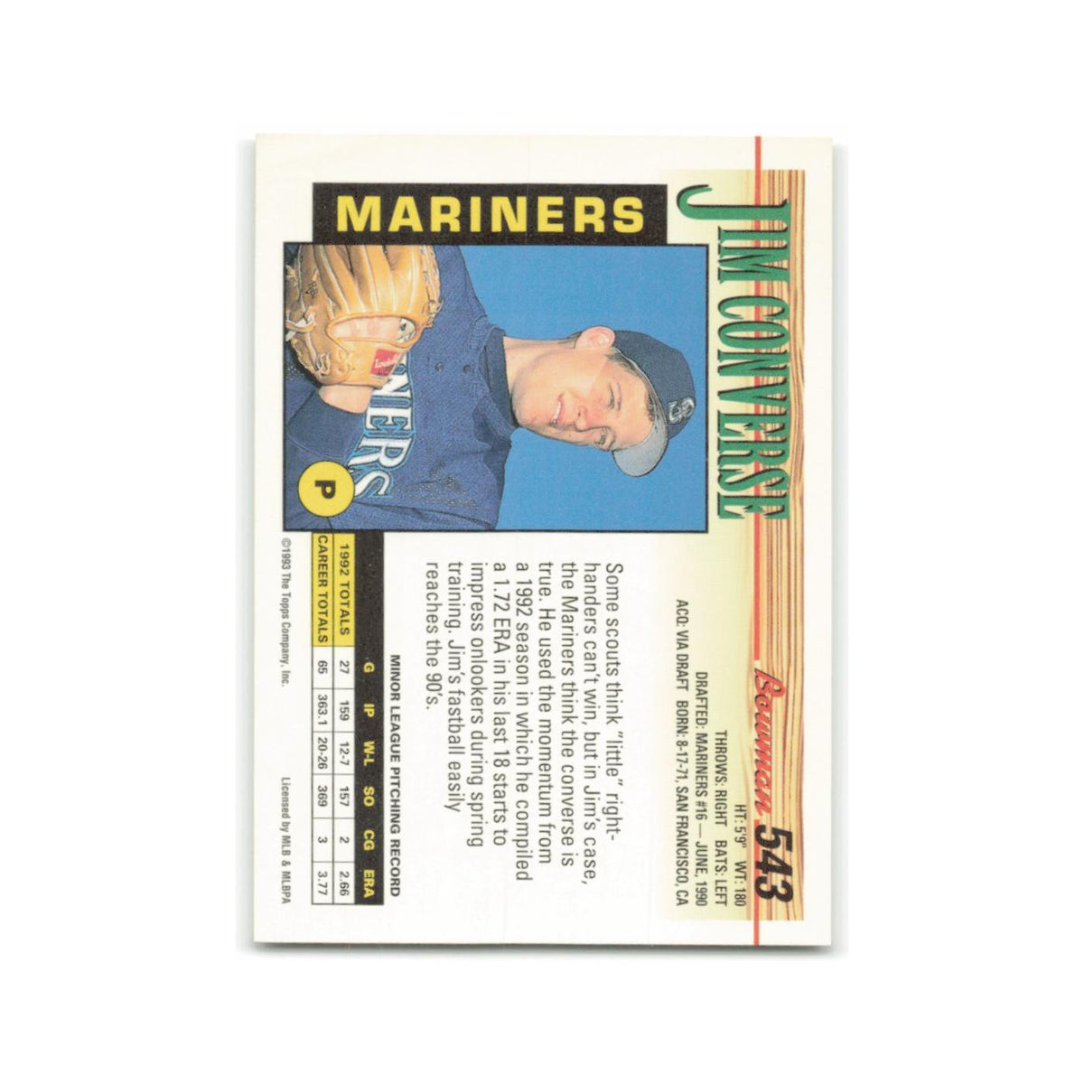 Jim Converse Rookie 1993 Bowman #543 Seattle Mariners Baseball Card NM