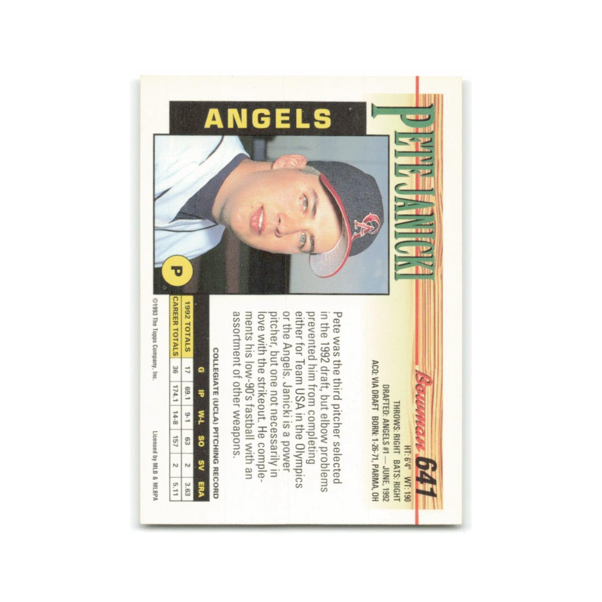 Pete Janicki Rookie 1993 Bowman #641 California Angels Baseball Card NM