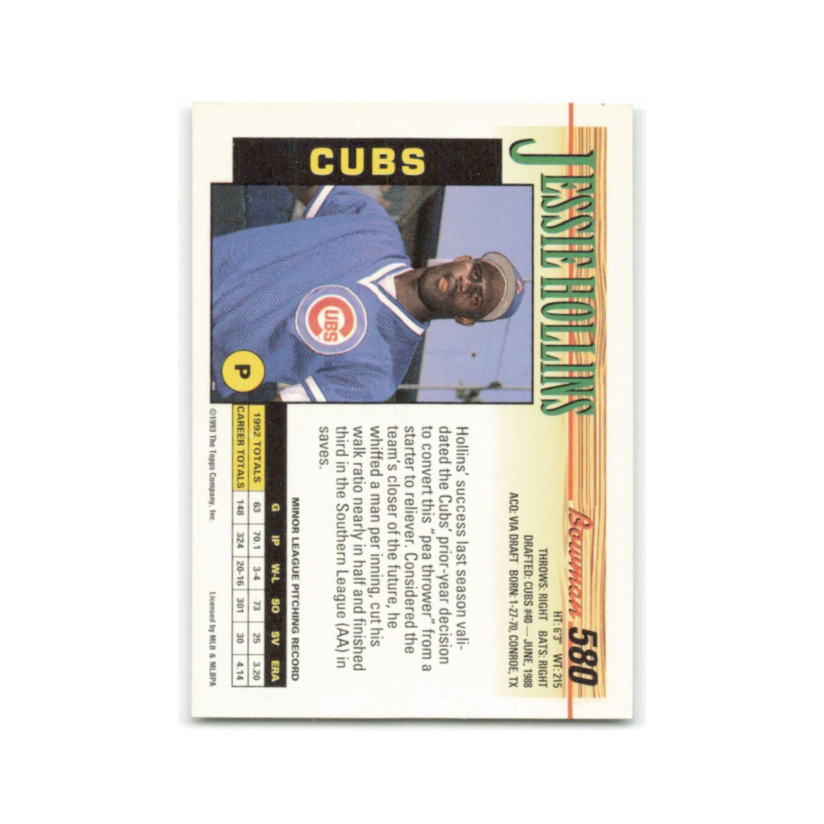 Jessie Hollins 1993 Bowman #580 Chicago Cubs Baseball Card NM