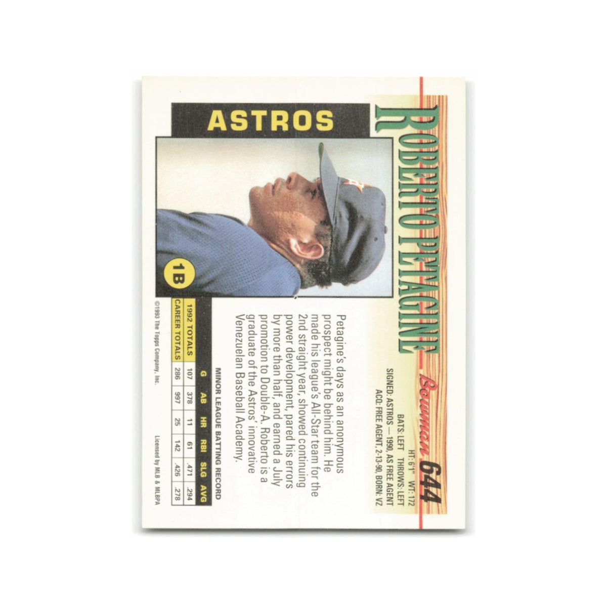 Roberto Petagine 1993 Bowman #644 Houston Astros Baseball Card NM